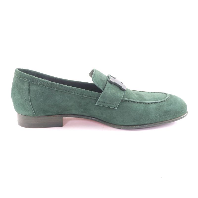 Hermes Suede Leather Constance Loafers Flat Shoes Green