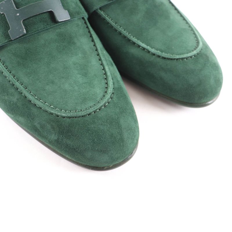 Hermes Suede Leather Constance Loafers Flat Shoes Green