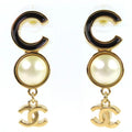 Chanel CC Logo Coco Faux Pearl Earrings for Both Ears Gold Black