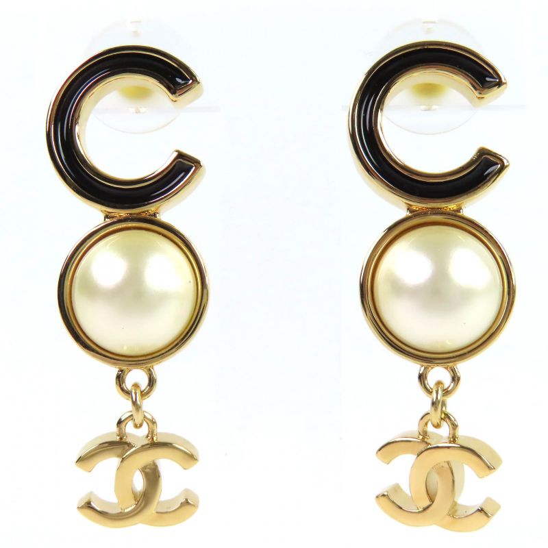 Chanel CC Logo Coco Faux Pearl Earrings for Both Ears Gold Black