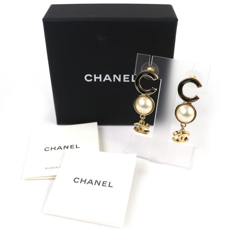 Chanel CC Logo Coco Faux Pearl Earrings for Both Ears Gold Black