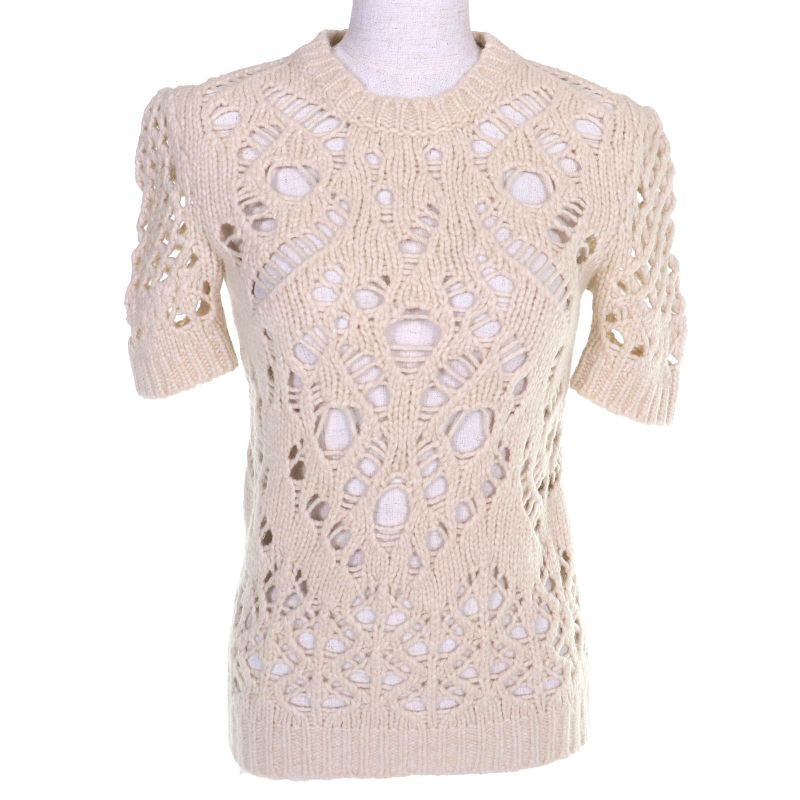 Dior Wool Camel Short Sleeve Crochet Knit Top