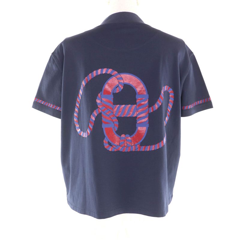 Hermes Cotton Cartouche Back Print Mock Neck Short Sleeve Shirt