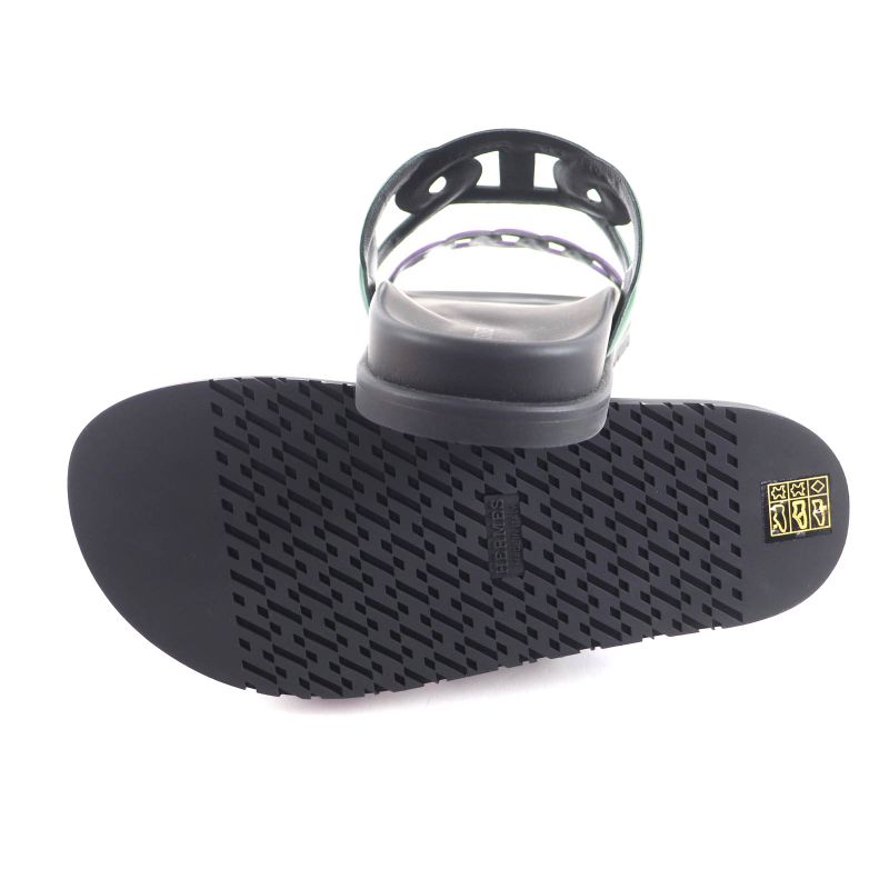 Hermes Workman Female Veil/violet/black Chaine d'Incre Leather Slide Sandals 37.5