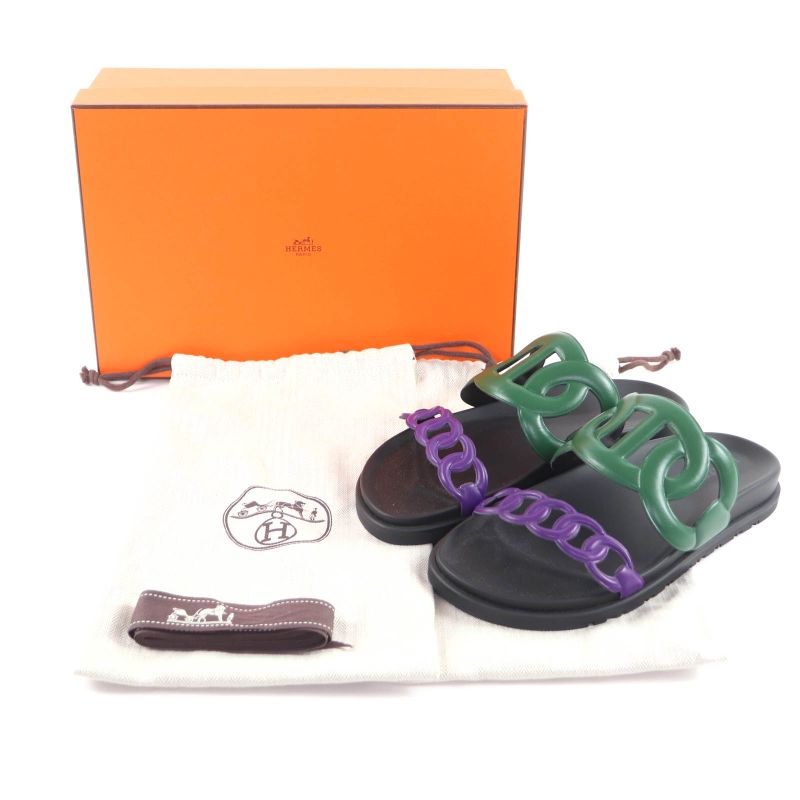 Hermes Workman Female Veil/violet/black Chaine d'Incre Leather Slide Sandals 37.5