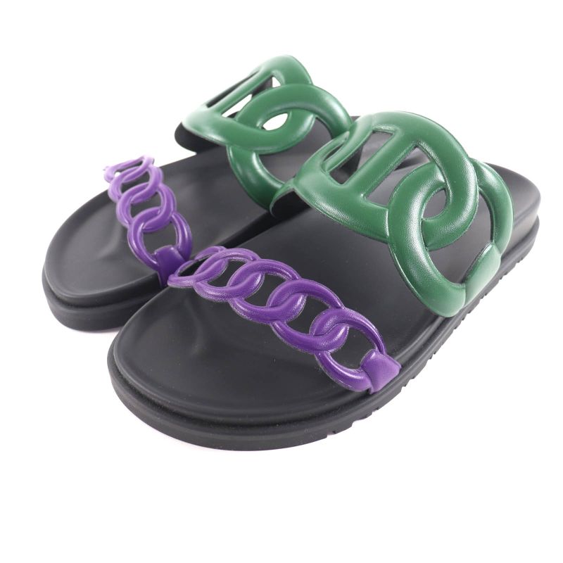 Hermes Workman Female Veil/violet/black Chaine d'Incre Leather Slide Sandals 37.5