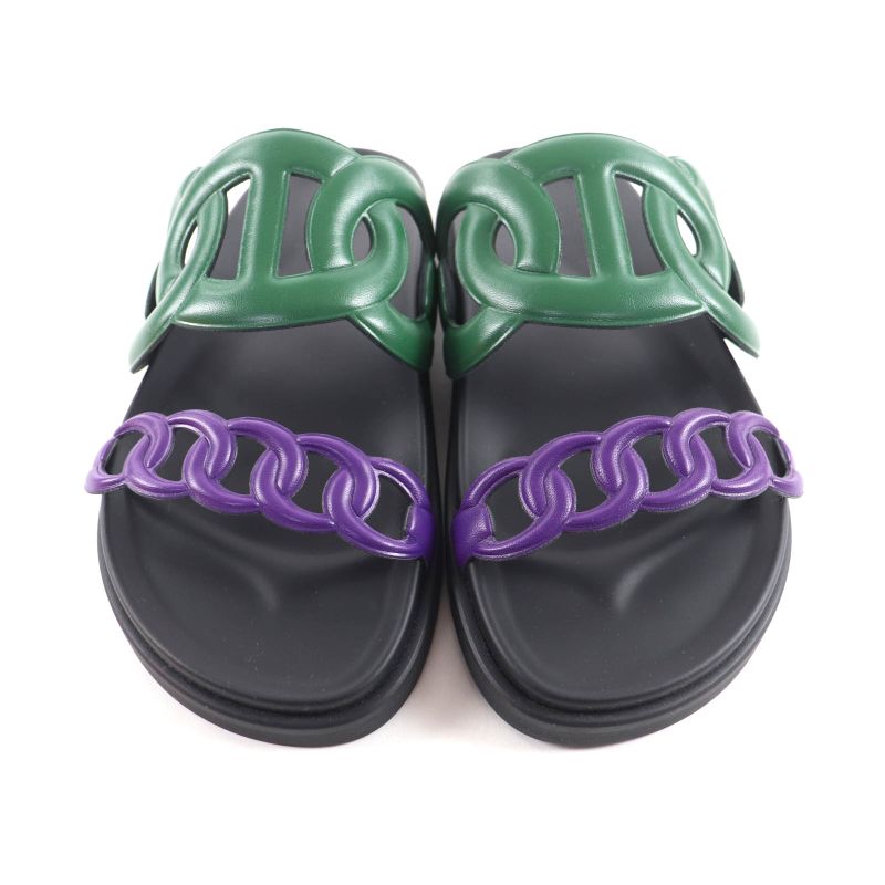 Hermes Workman Female Veil/violet/black Chaine d'Incre Leather Slide Sandals 37.5
