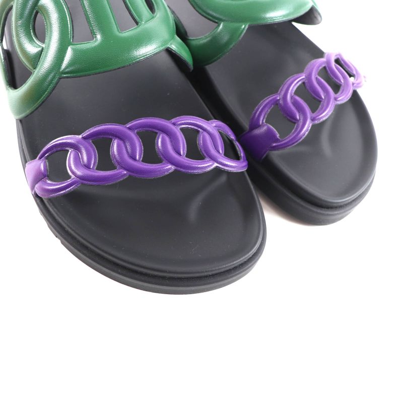 Hermes Workman Female Veil/violet/black Chaine d'Incre Leather Slide Sandals 37.5