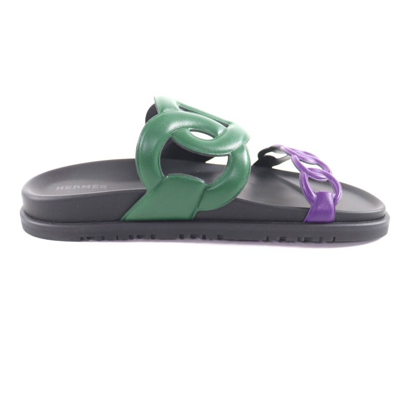 Hermes Workman Female Veil/violet/black Chaine d'Incre Leather Slide Sandals 37.5