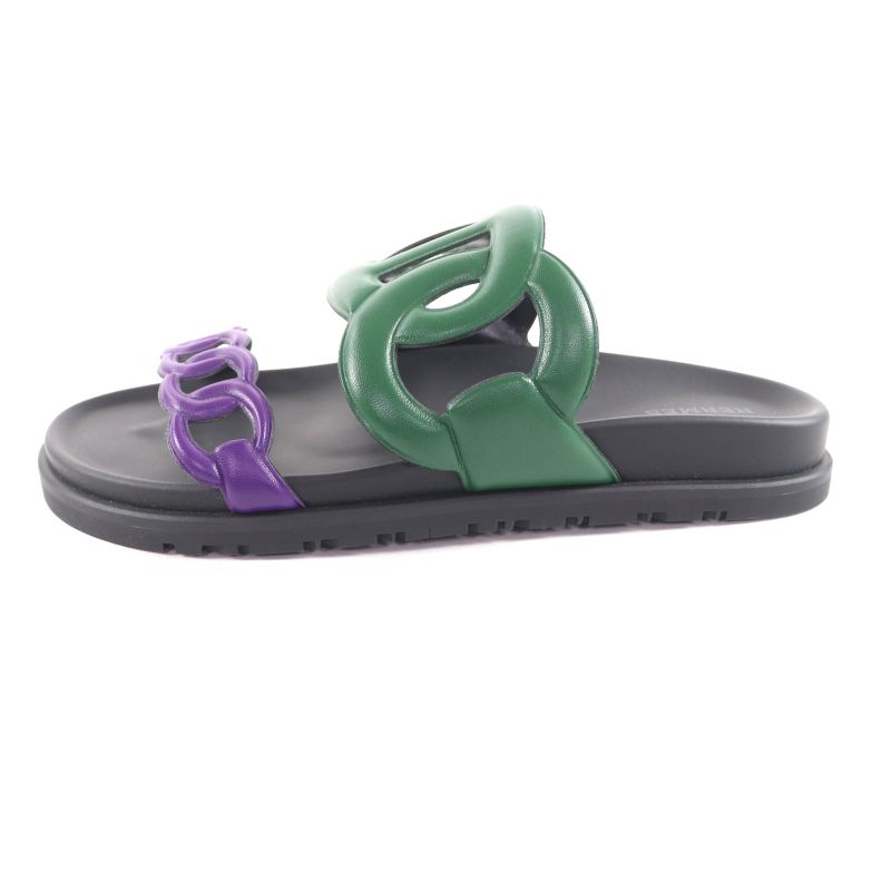 Hermes Workman Female Veil/violet/black Chaine d'Incre Leather Slide Sandals 37.5