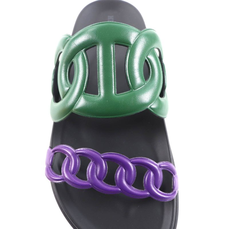 Hermes Workman Female Veil/violet/black Chaine d'Incre Leather Slide Sandals 37.5