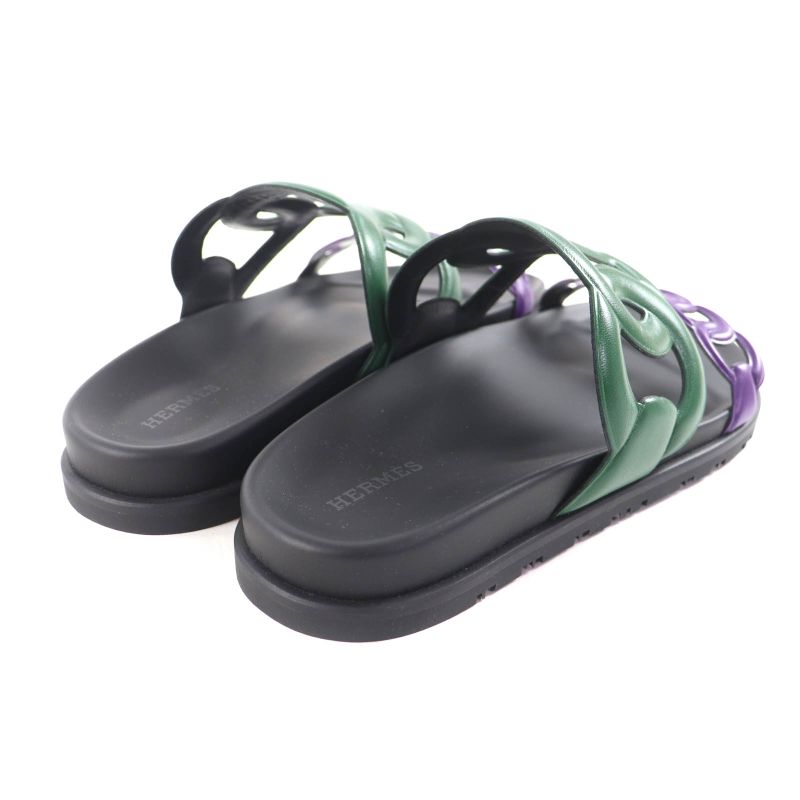 Hermes Workman Female Veil/violet/black Chaine d'Incre Leather Slide Sandals 37.5
