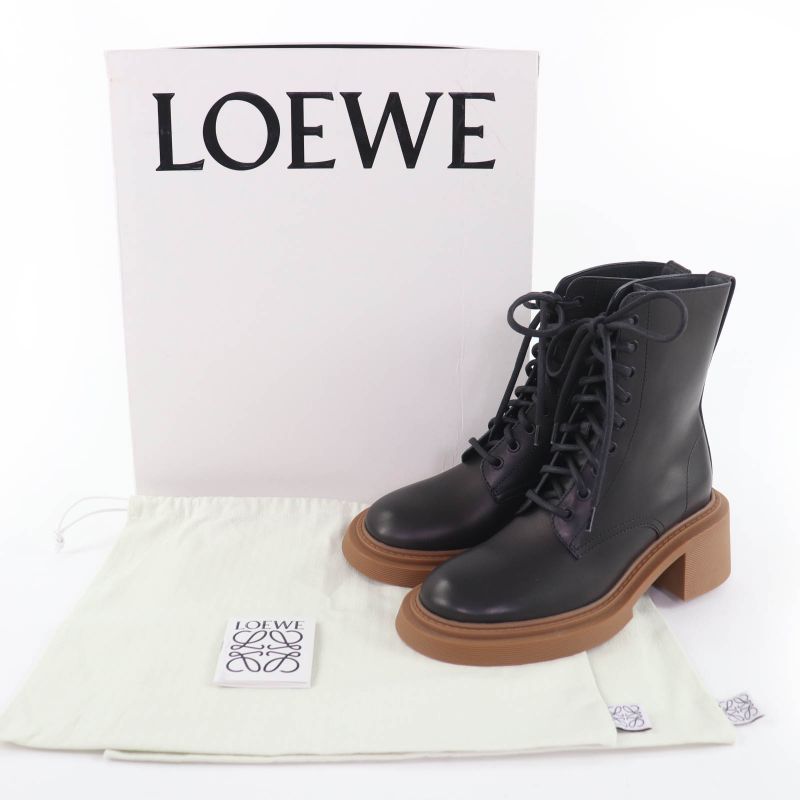 Loewe Log Lace Up Leather Boots Short Black 37