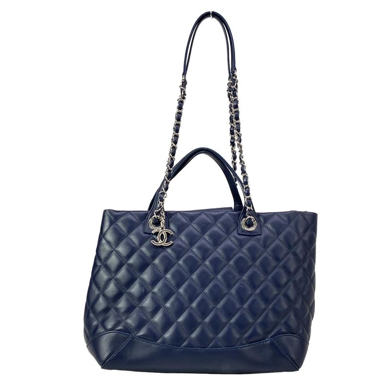 Chanel Tote Quilted Dark Navy Chain Shoulder Silver 2-Way Leather
