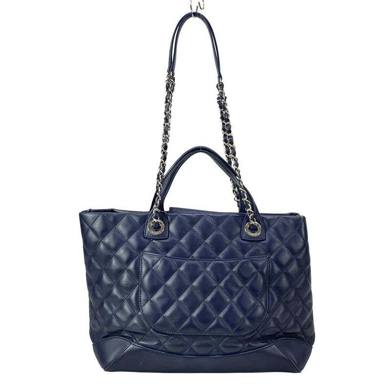 Chanel Tote Quilted Dark Navy Chain Shoulder Silver 2-Way Leather