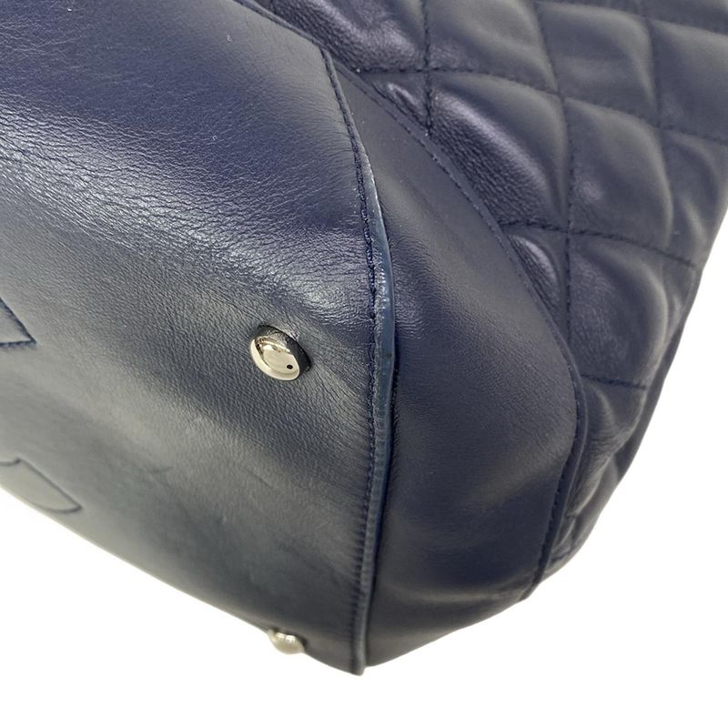 Chanel Tote Quilted Dark Navy Chain Shoulder Silver 2-Way Leather
