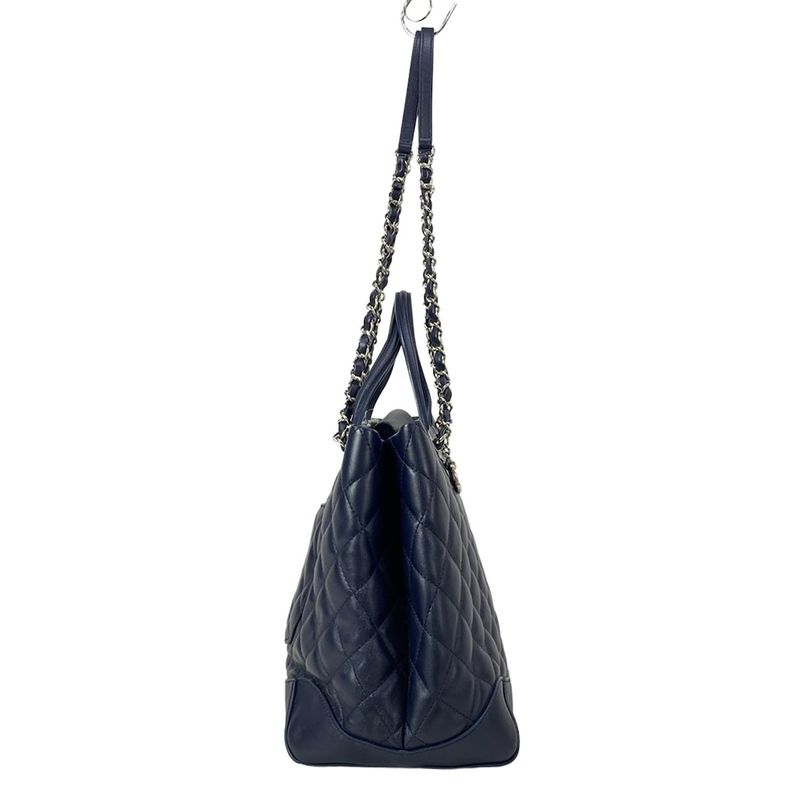 Chanel Tote Quilted Dark Navy Chain Shoulder Silver 2-Way Leather