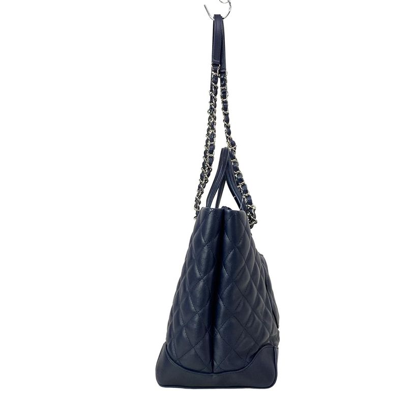 Chanel Tote Quilted Dark Navy Chain Shoulder Silver 2-Way Leather