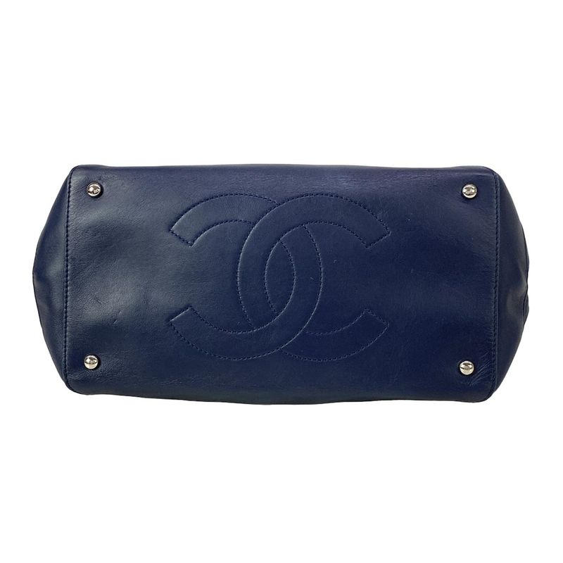 Chanel Tote Quilted Dark Navy Chain Shoulder Silver 2-Way Leather