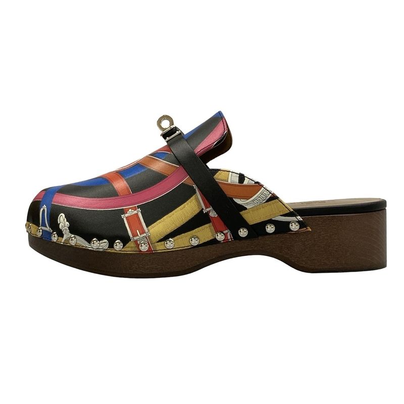 Hermes Mule 37 Carlotta Black Red Multi Silver Leather X Multi