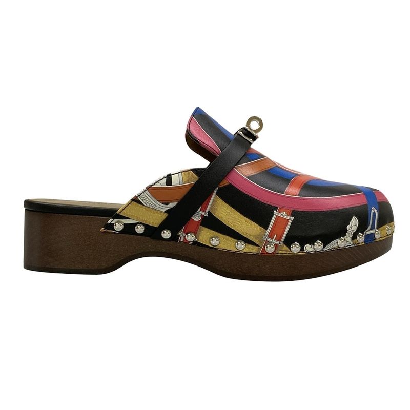 Hermes Mule 37 Carlotta Black Red Multi Silver Leather X Multi