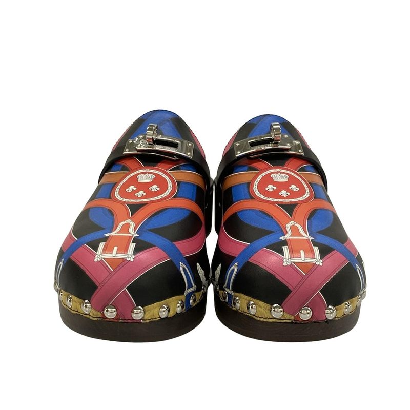 Hermes Mule 37 Carlotta Black Red Multi Silver Leather X Multi