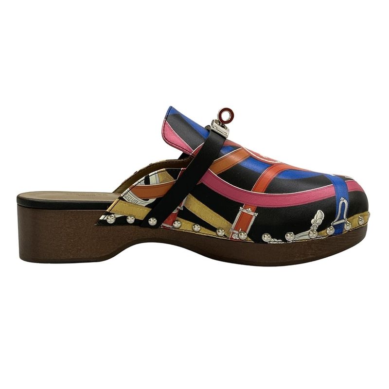 Hermes Mule 37 Carlotta Black Red Multi Silver Leather X Multi