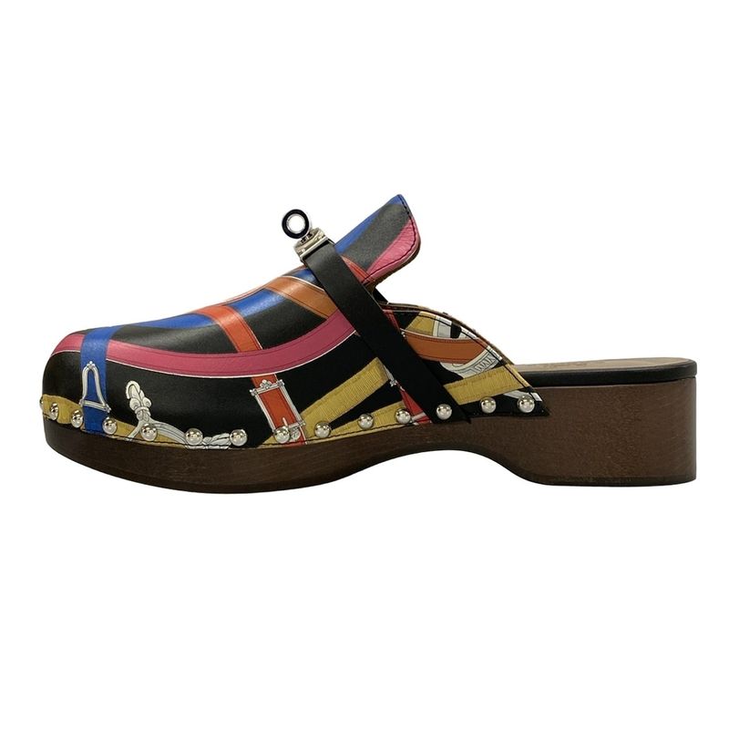 Hermes Mule 37 Carlotta Black Red Multi Silver Leather X Multi