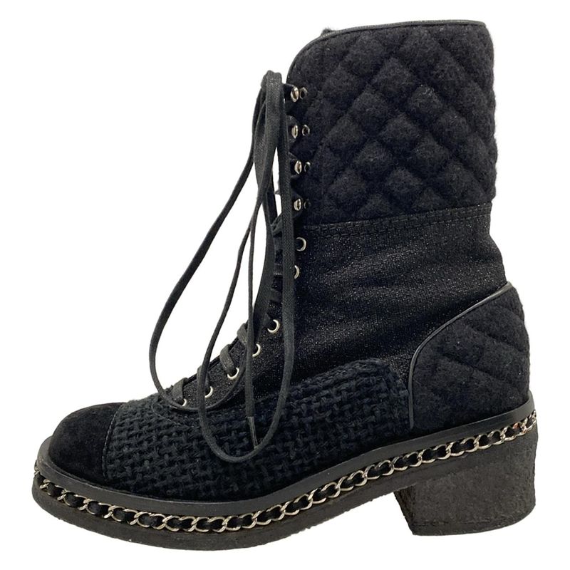 Chanel Short Boots 38 Black Lame Chain Wool