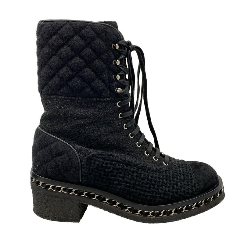 Chanel Short Boots 38 Black Lame Chain Wool