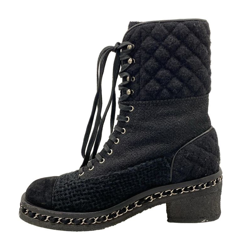 Chanel Short Boots 38 Black Lame Chain Wool