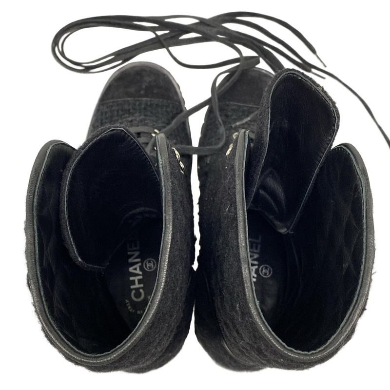 Chanel Short Boots 38 Black Lame Chain Wool