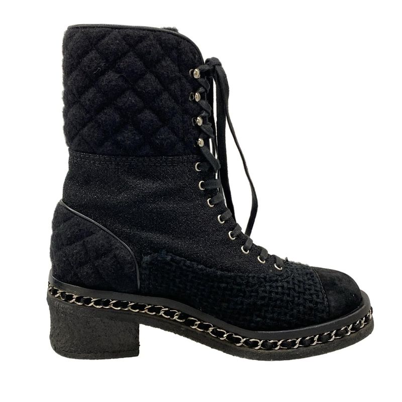 Chanel Short Boots 38 Black Lame Chain Wool
