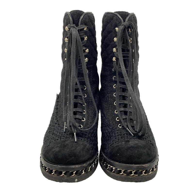 Chanel Short Boots 38 Black Lame Chain Wool