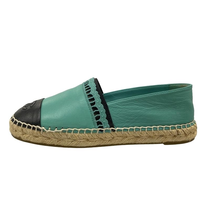 Chanel Slip Ons 38 Green Black Espadrilles Lambskin