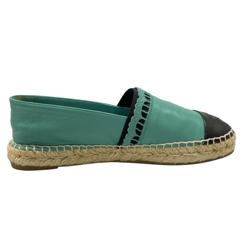 Chanel Slip Ons 38 Green Black Espadrilles Lambskin