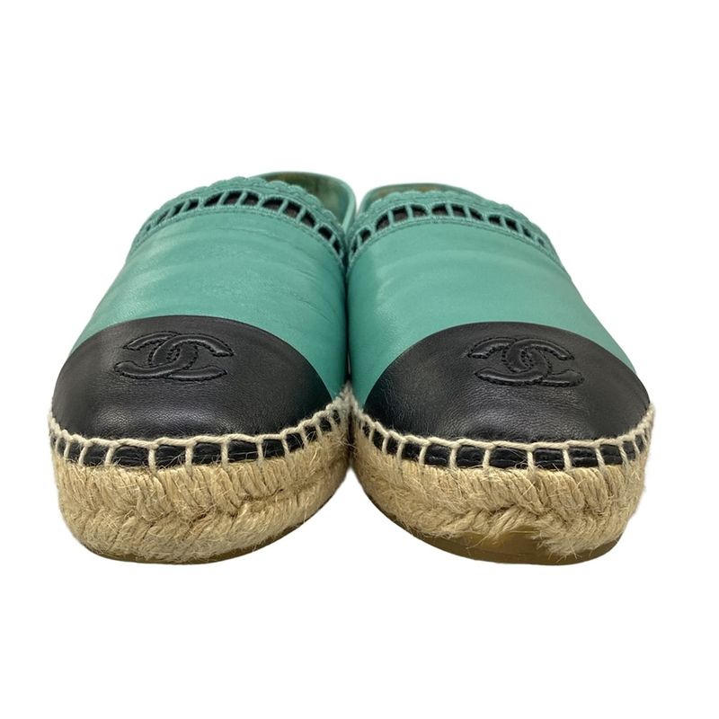 Chanel Slip Ons 38 Green Black Espadrilles Lambskin