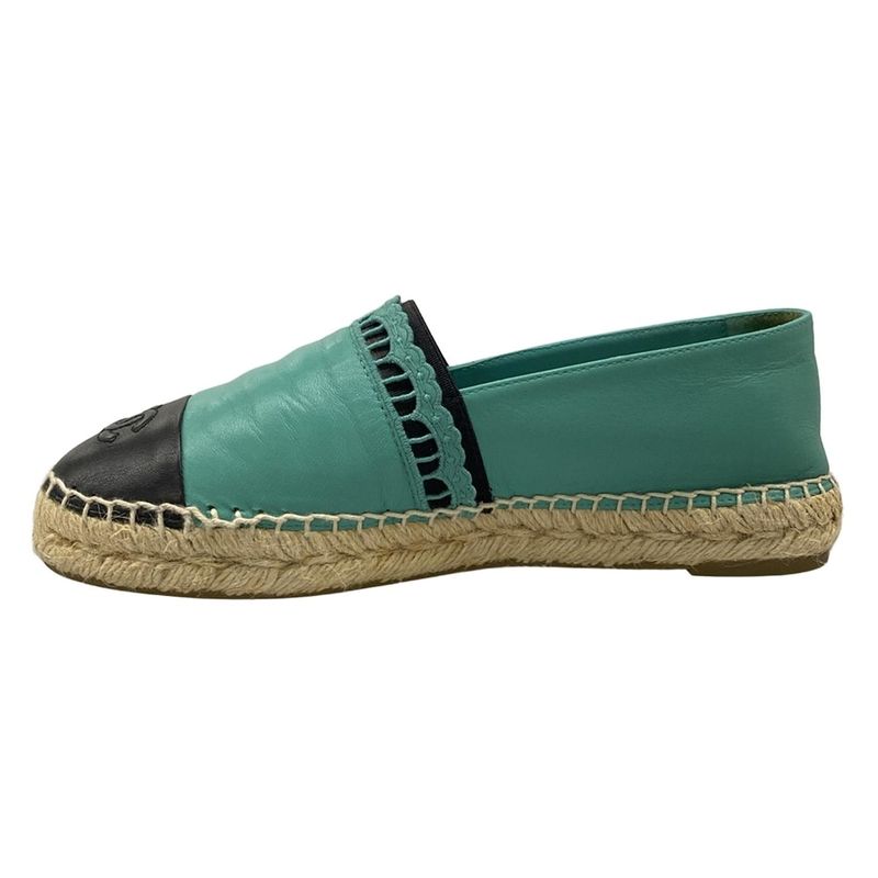 Chanel Slip Ons 38 Green Black Espadrilles Lambskin