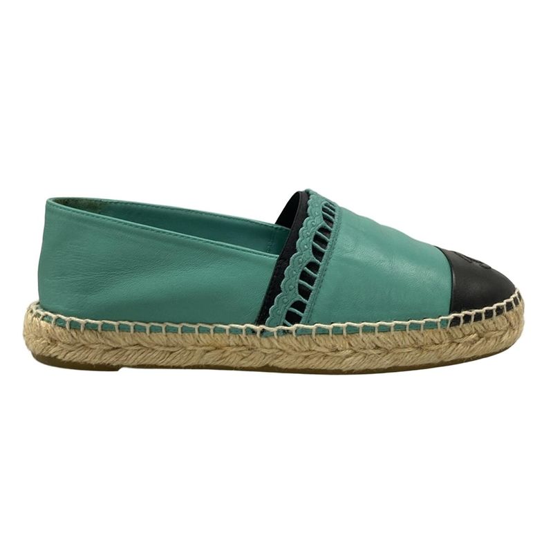 Chanel Slip Ons 38 Green Black Espadrilles Lambskin