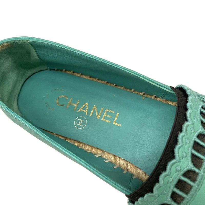 Chanel Slip Ons 38 Green Black Espadrilles Lambskin