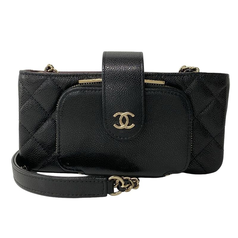 Chanel Mobile Phone Case Quilted Black Gold Chain