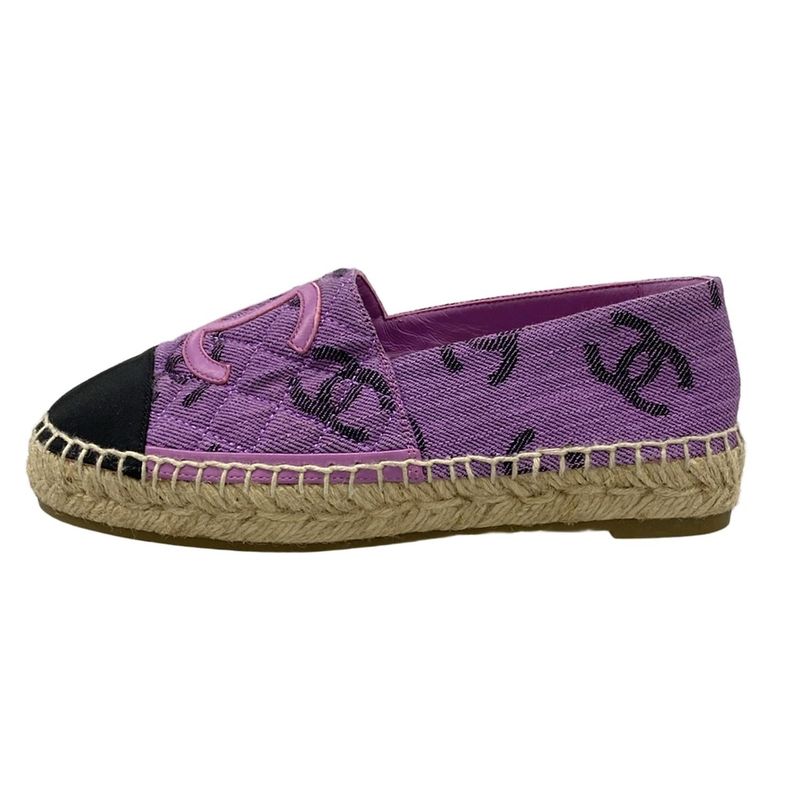 Chanel Slip Ons 35C Purple Black Espadrilles CC Logo Leather