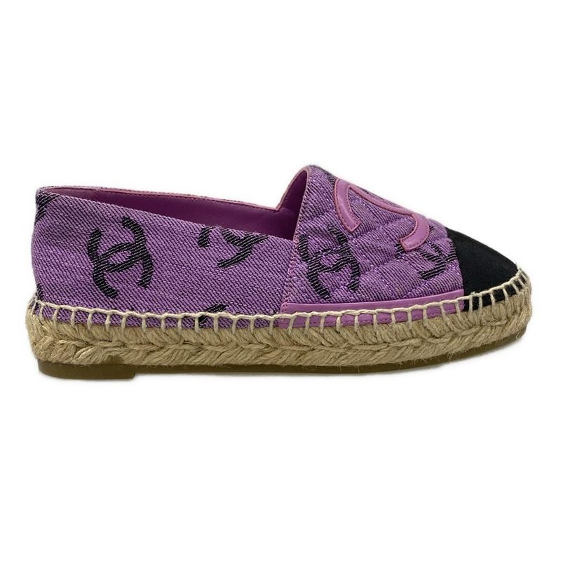 Chanel Slip Ons 35C Purple Black Espadrilles CC Logo Leather