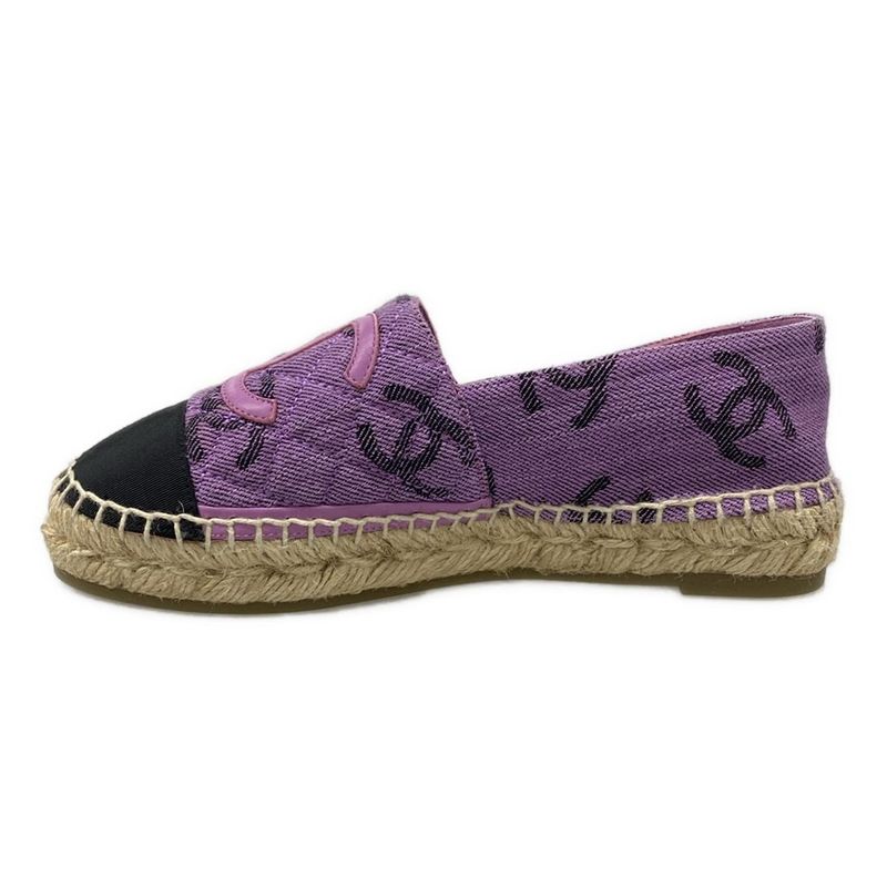 Chanel Slip Ons 35C Purple Black Espadrilles CC Logo Leather