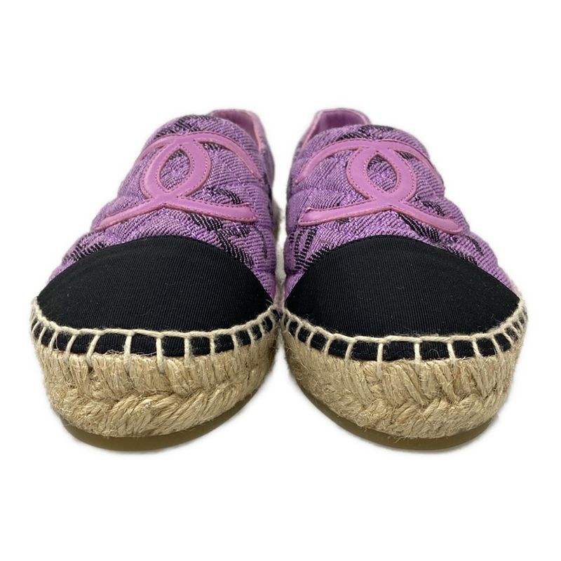 Chanel Slip Ons 35C Purple Black Espadrilles CC Logo Leather