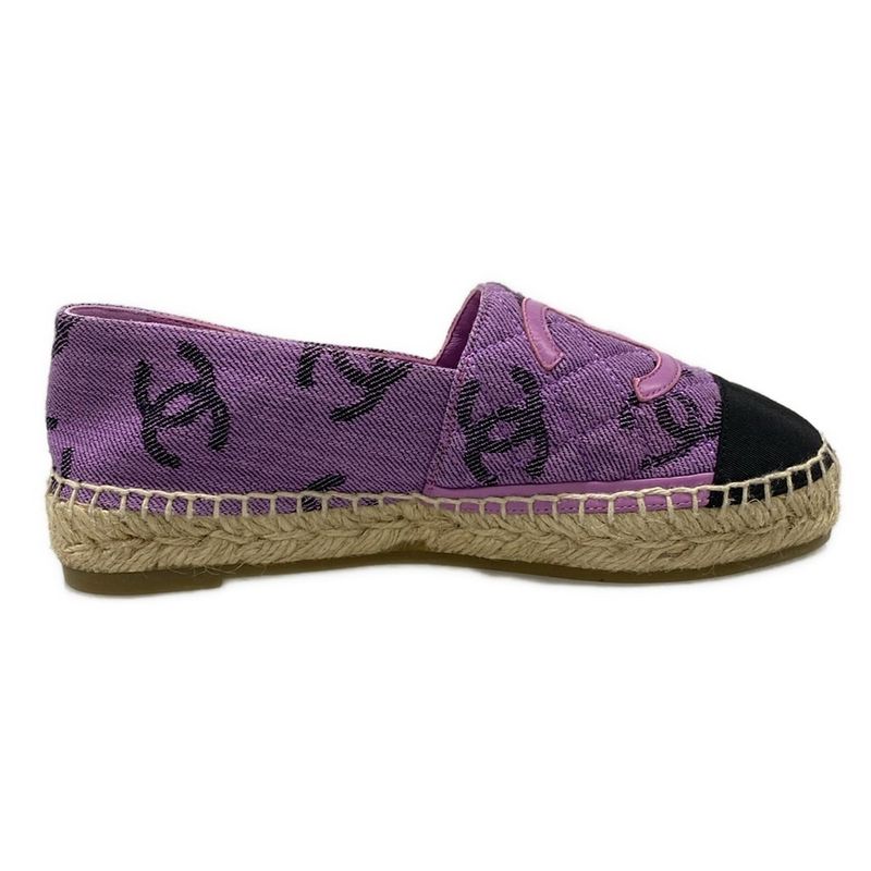 Chanel Slip Ons 35C Purple Black Espadrilles CC Logo Leather