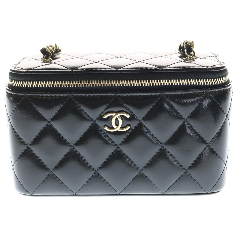 Chanel Quilted CC Logo Shiny Lambskin Leather Vanity Chain Shoulder Bag