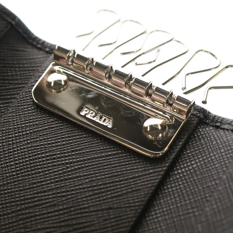 Prada Saffiano Triangle Logo Bag Charm Key Case Black Leather