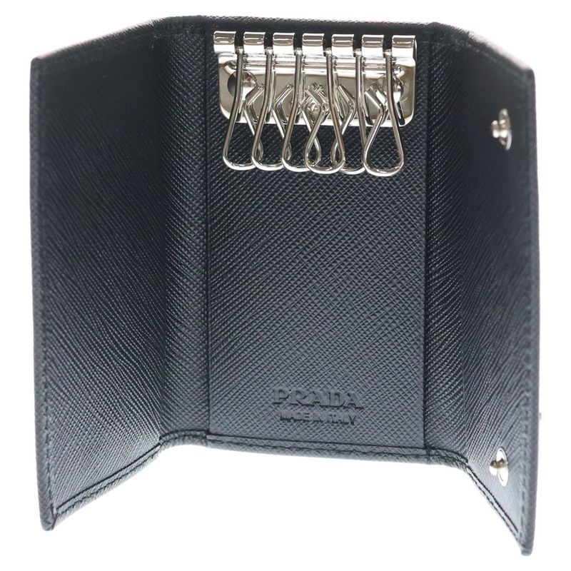 Prada Saffiano Triangle Logo Bag Charm Key Case Black Leather
