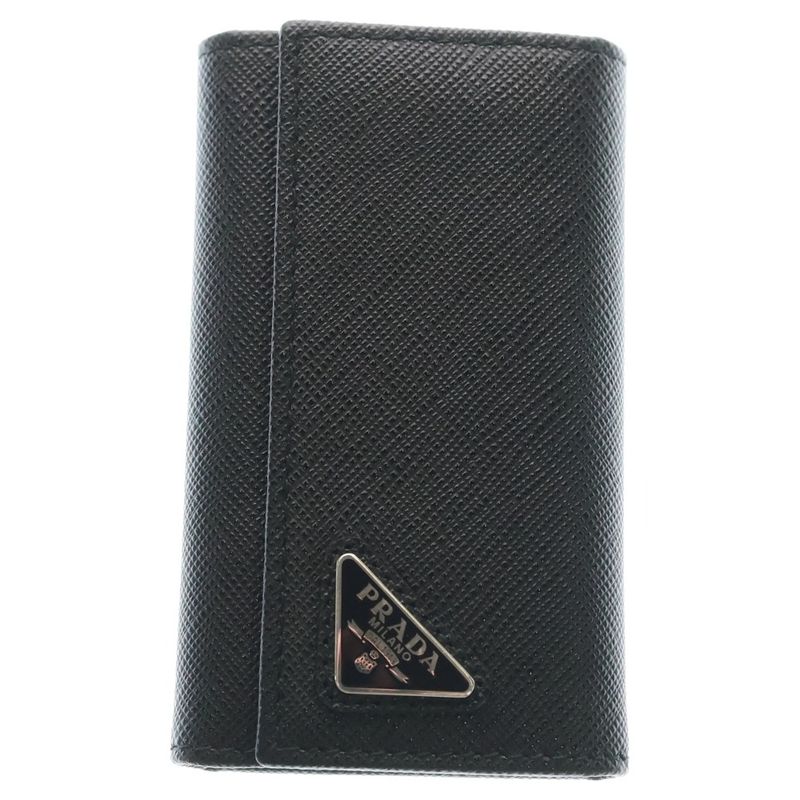 Prada Saffiano Triangle Logo Bag Charm Key Case Black Leather